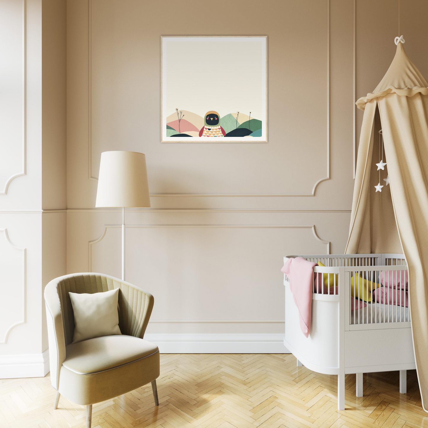 Modern nursery featuring a white crib, beige canopy, and cozy armchair for stylish decor