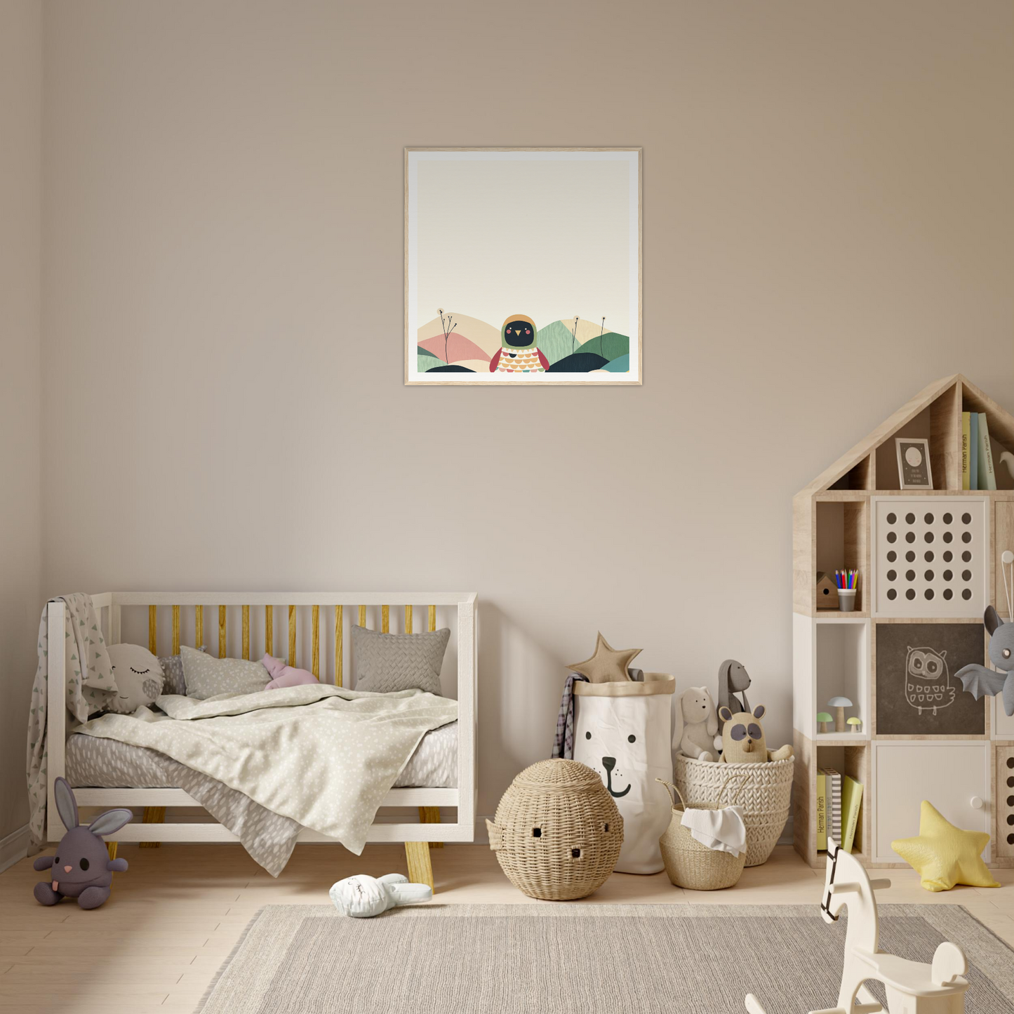 Wooden crib with gray bedding and yellow accents for stylish nursery decor in Product56