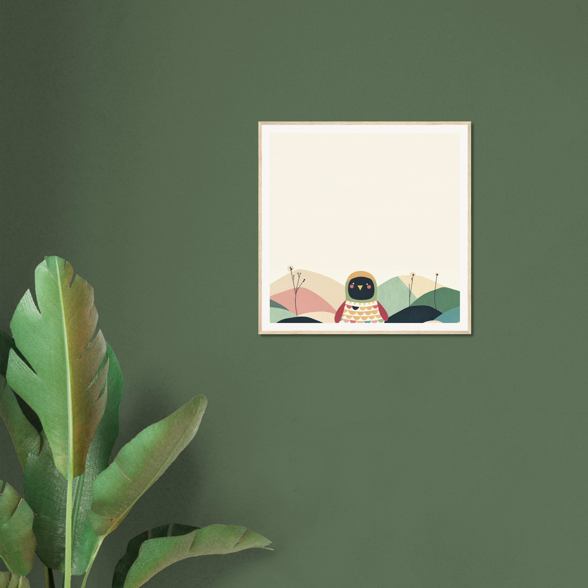 White framed poster of minimalist pink and green shapes for stylish nursery decor