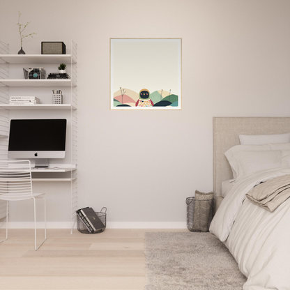 Minimalist bedroom with floating shelves, iMac, neutral bedding, perfect for nursery decor