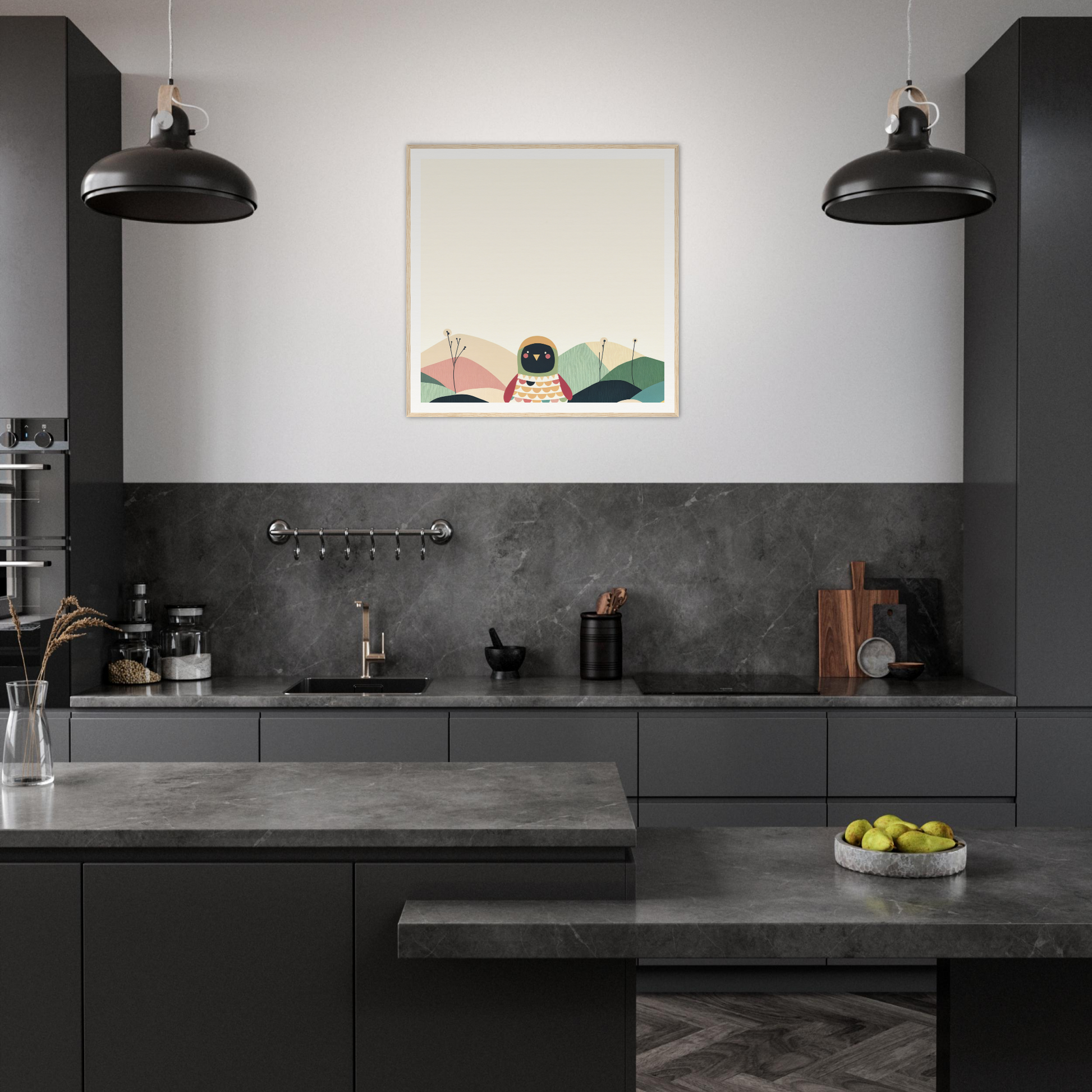 Modern dark gray kitchen with industrial pendant lights and minimalist nursery wall art