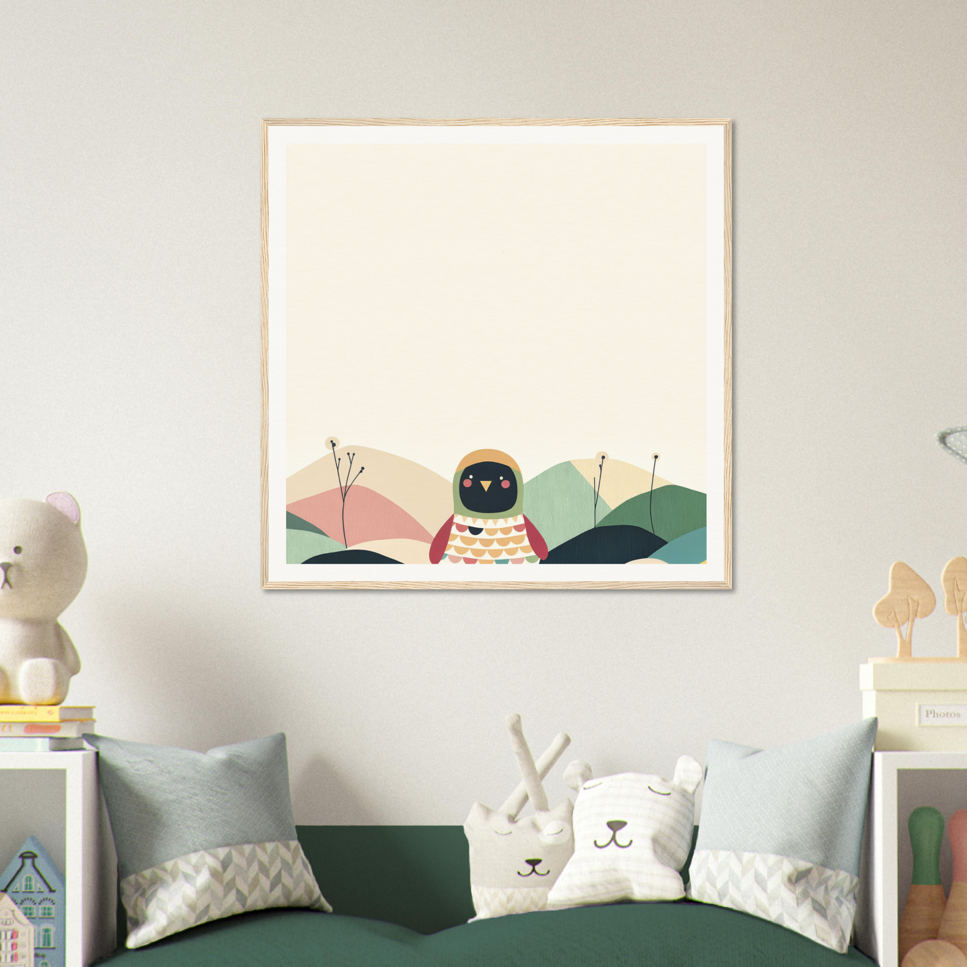 Framed poster of cute astronaut on colorful hills, perfect for nursery wall art decor