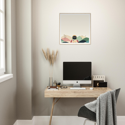 Wooden desk with iMac and minimal office accessories perfect for stylish nursery decor