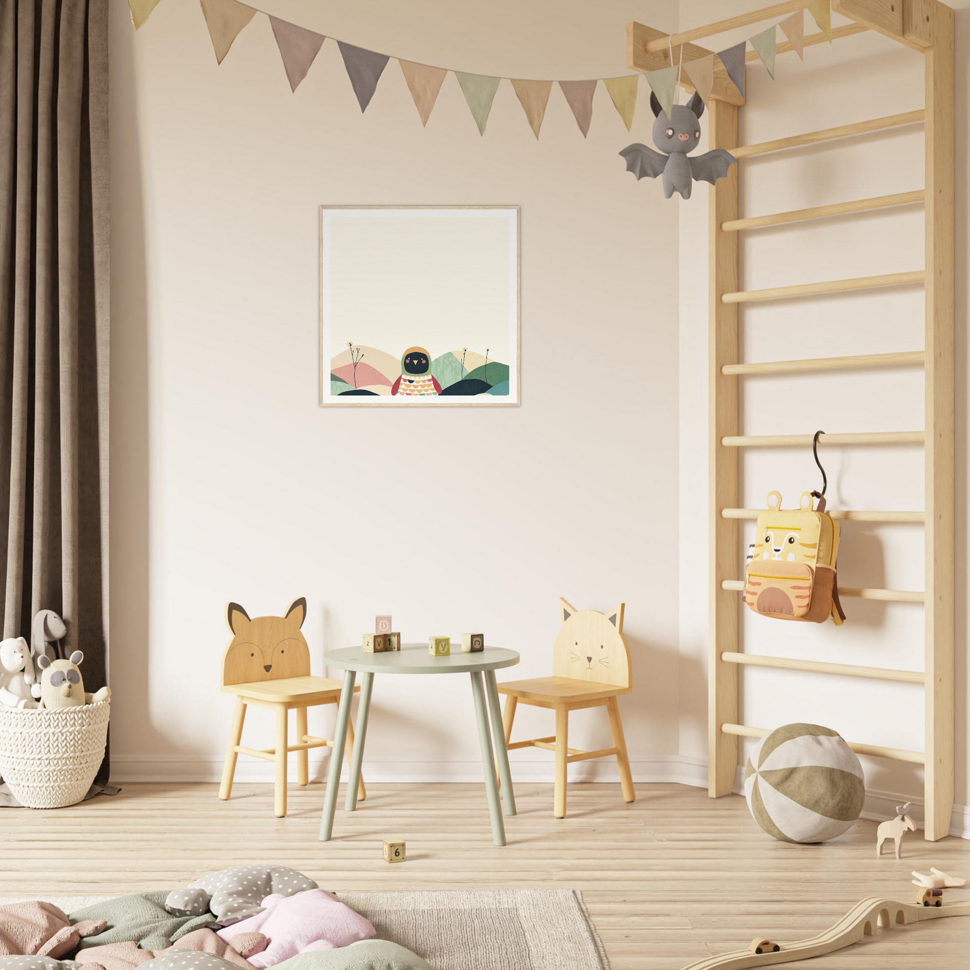 Colorful children’s play area featuring animal-themed chairs and table, perfect nursery decor