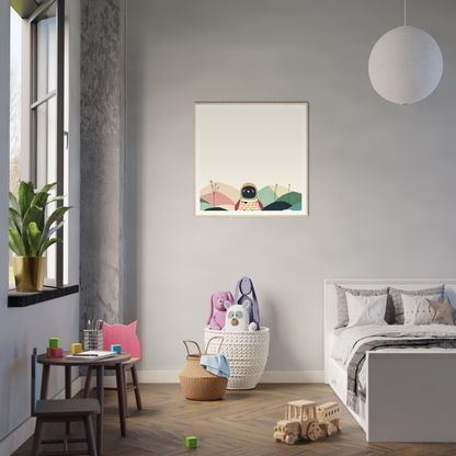 Modern gray and white bedroom featuring stylish nursery decor with framed poster