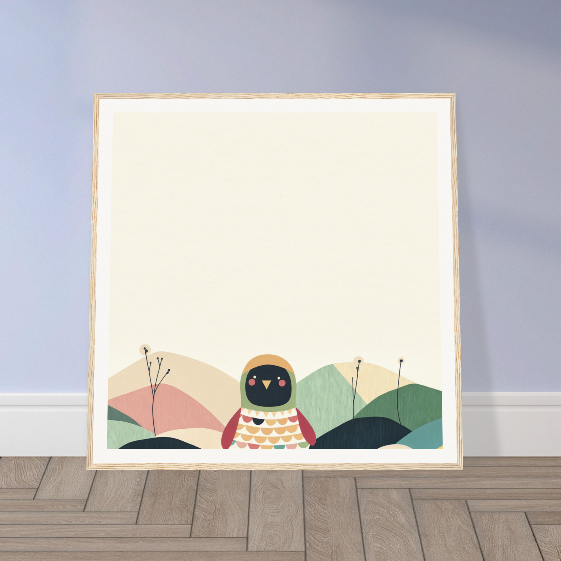 Cartoon owl in a patterned sweater for cute nursery wall art and decor