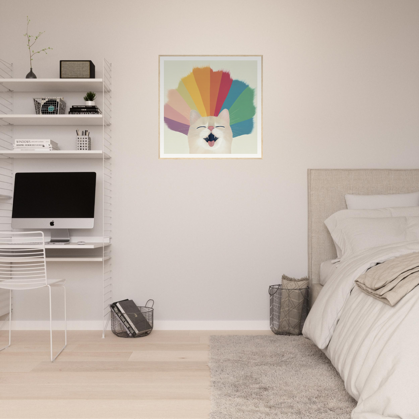 Minimalist bedroom featuring nursery wall art, iMac, and floating shelves in product58