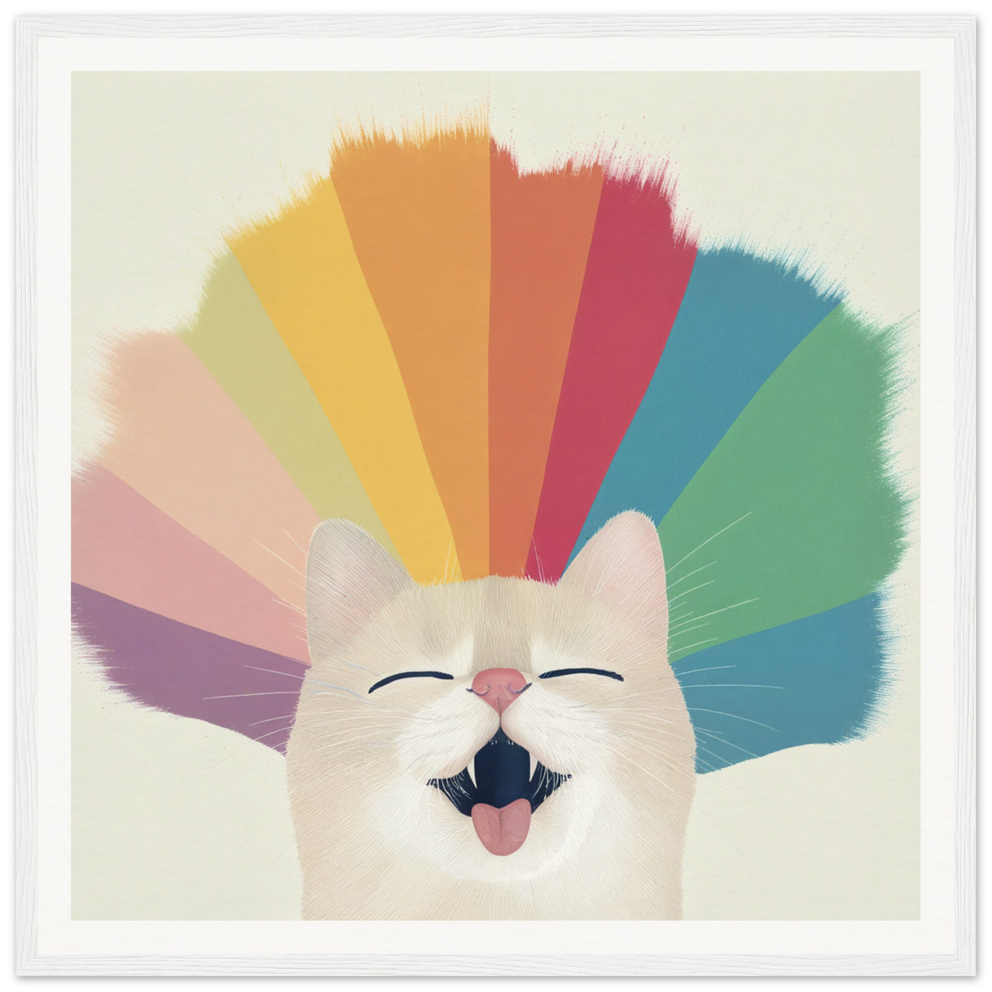 Happy white cat with rainbow colors, perfect for nursery wall art or decor