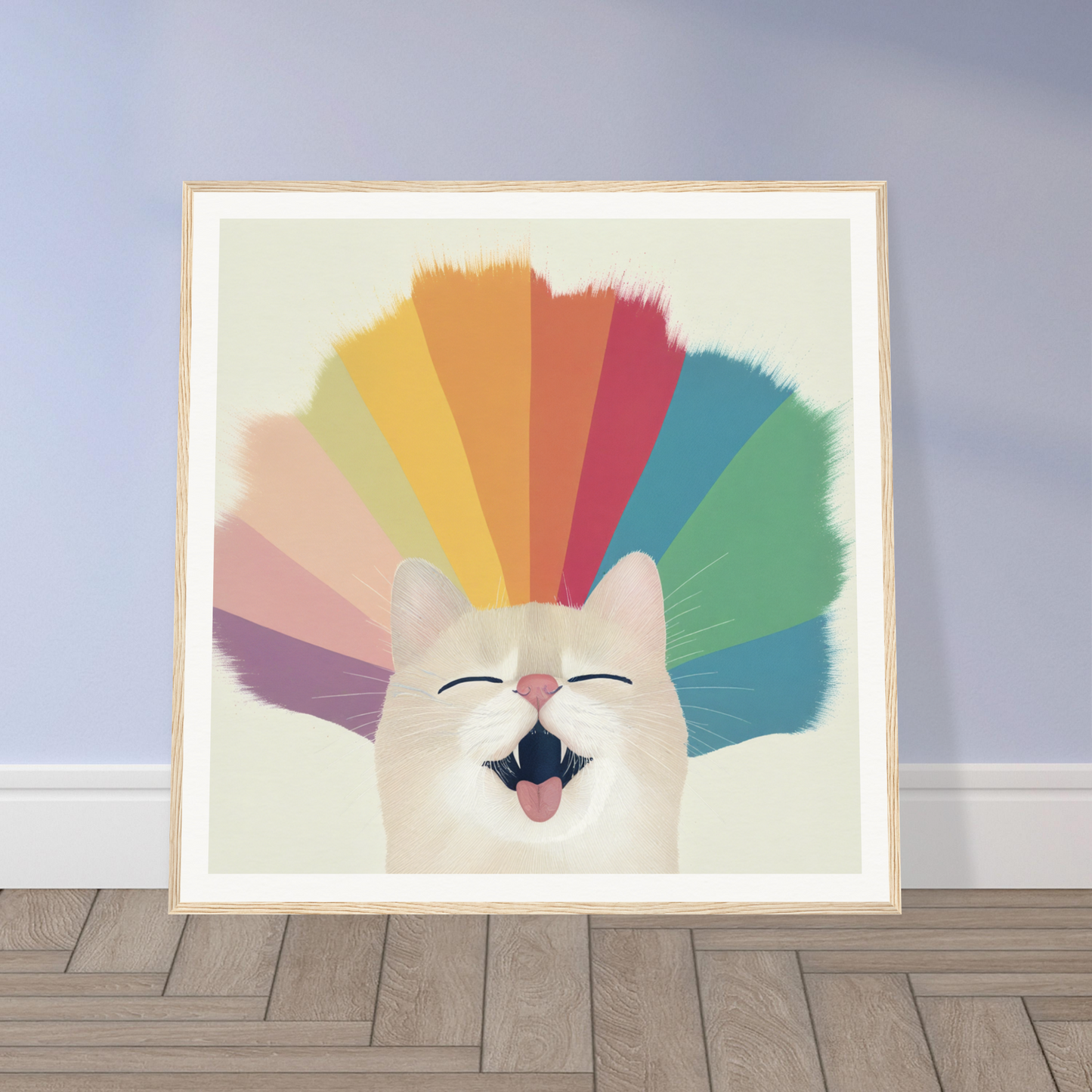 Happy white cat with rainbow fan, perfect for Nursery Wall Art or decor in Product58