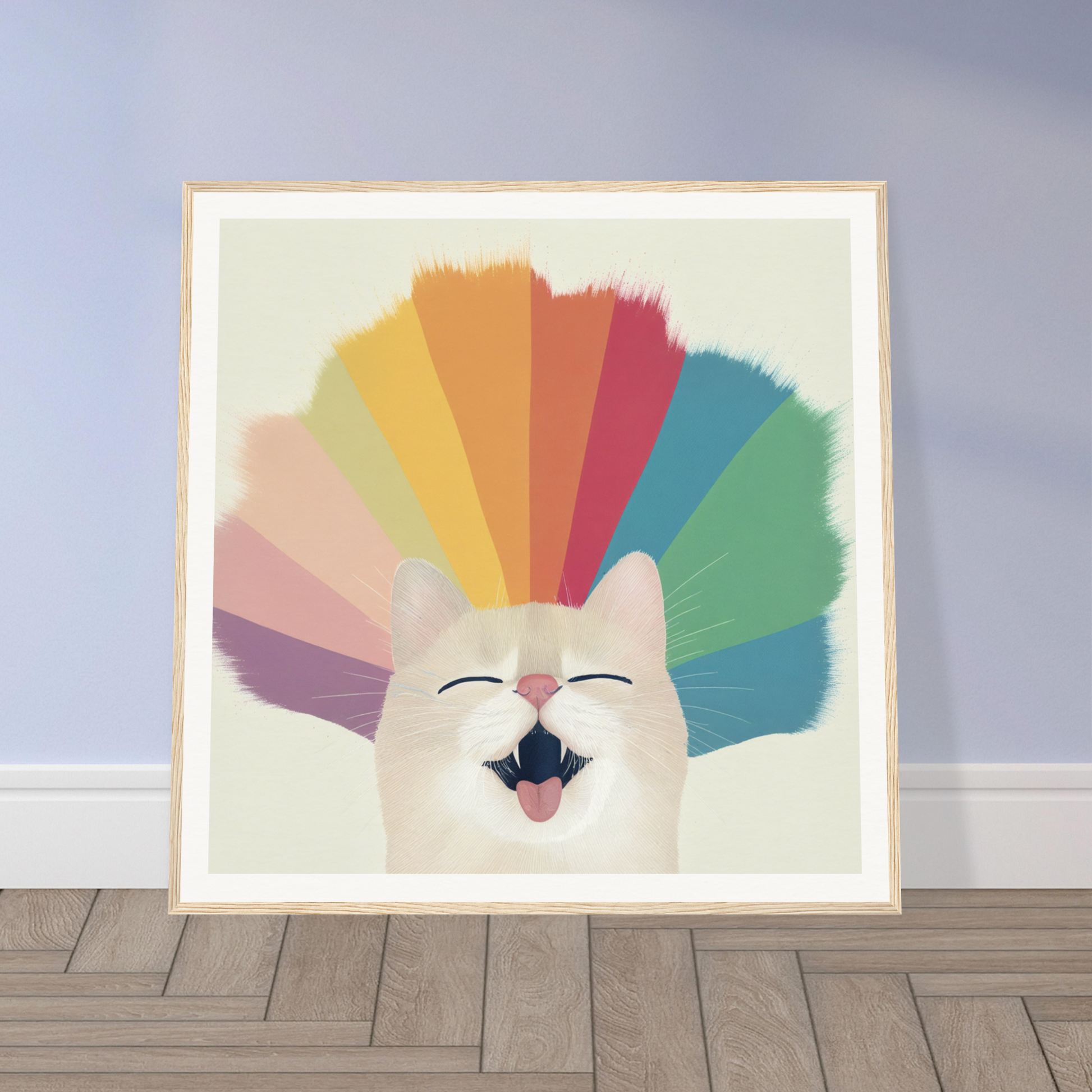 Happy white cat with rainbow fan, perfect for Nursery Wall Art or decor in Product58