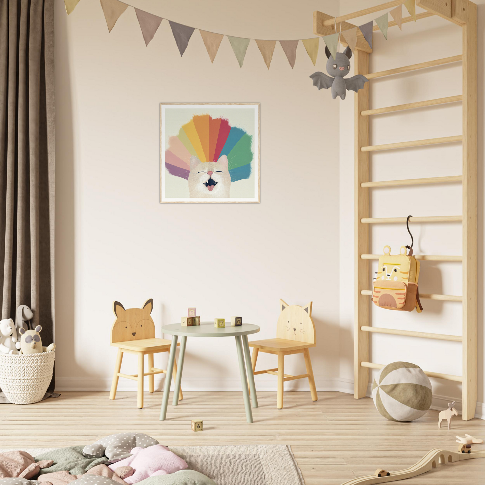 Kids play area with animal-themed chairs and table, perfect for nursery decor