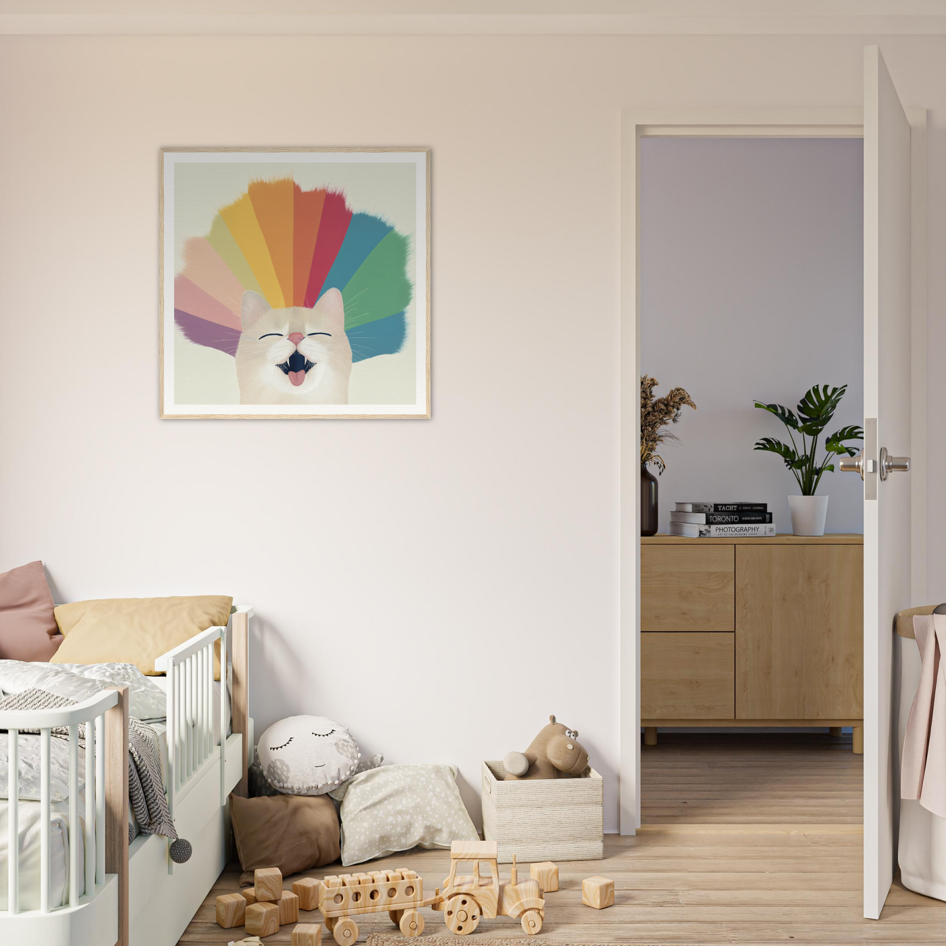 Colorful rainbow-shaped fan artwork in a white frame for nursery wall art