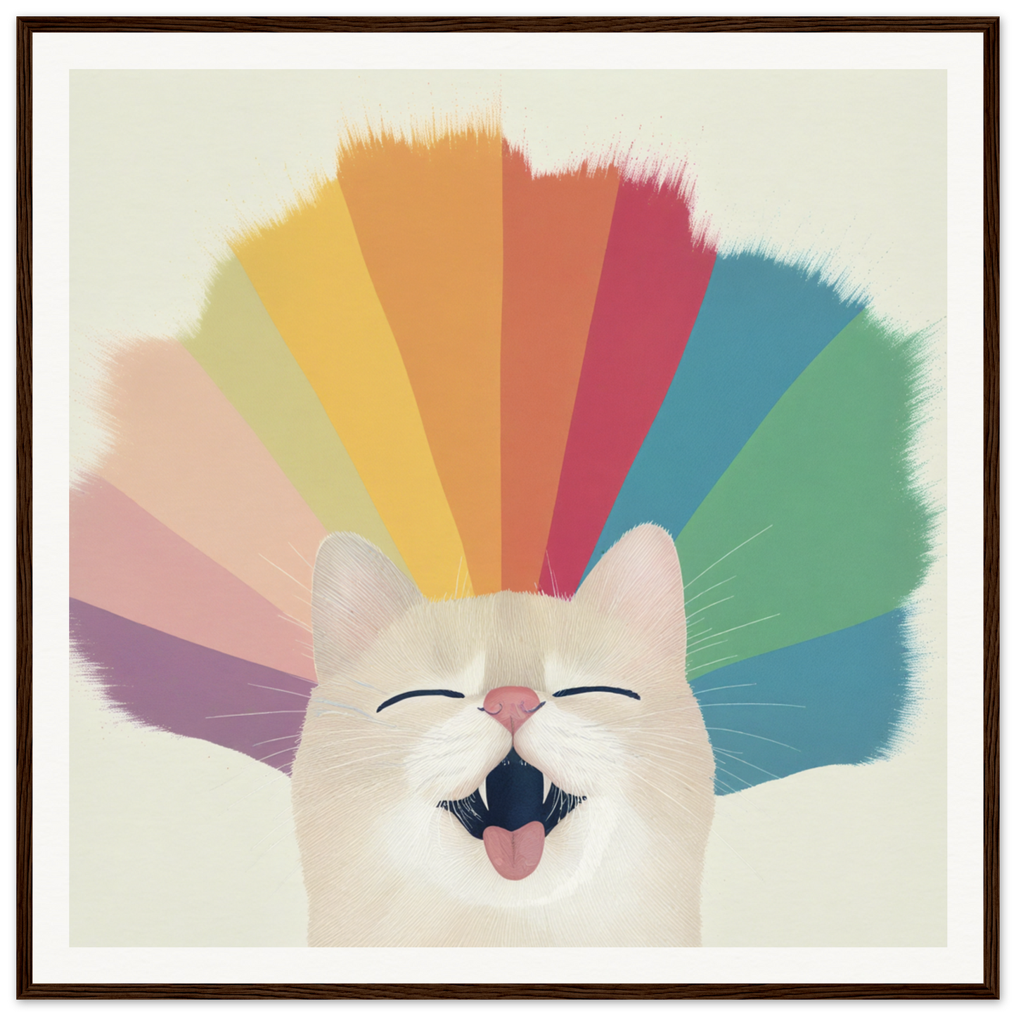 Happy white cat with a rainbow fan, perfect for cute nursery wall art decor