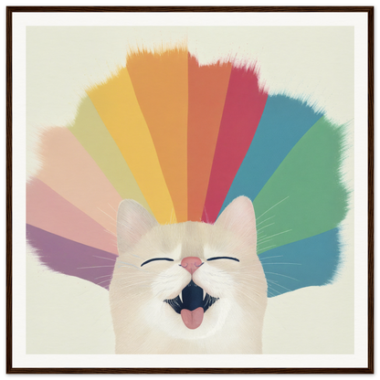 Happy white cat with a rainbow fan, perfect for cute nursery wall art decor