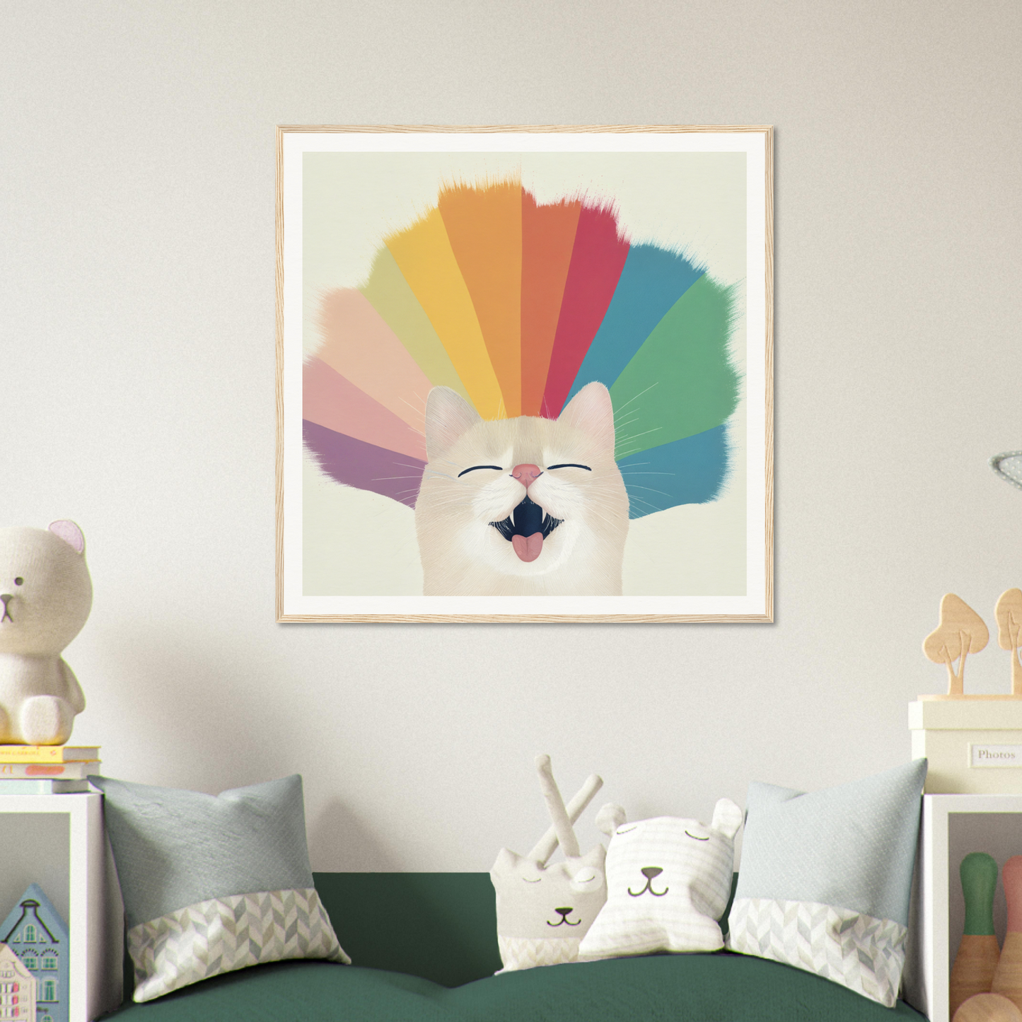 Happy white seal art with rainbow fan design for cute nursery wall decor