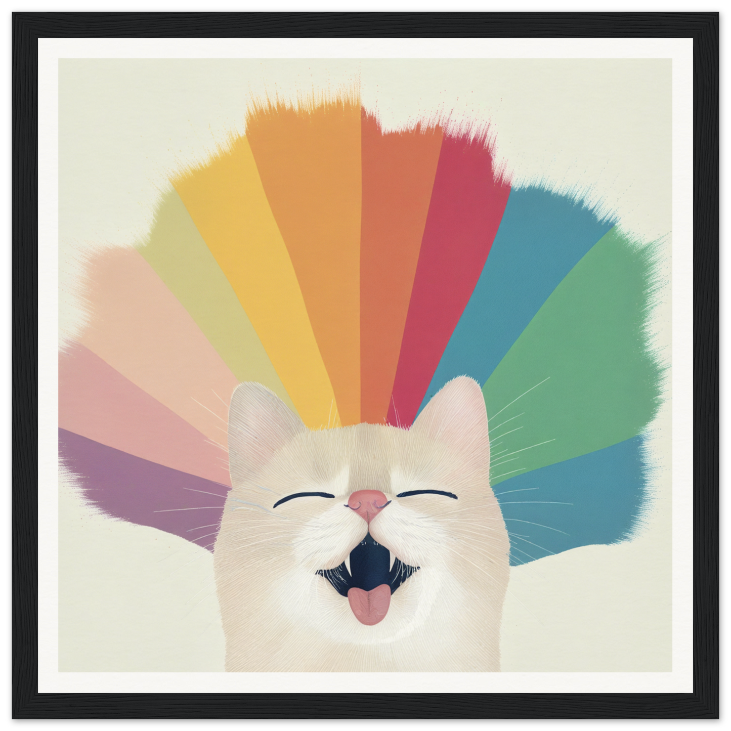 Happy white cat with rainbow fan background, perfect for nursery wall art or decor