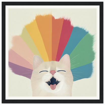 Happy white cat with rainbow fan background, perfect for nursery wall art or decor