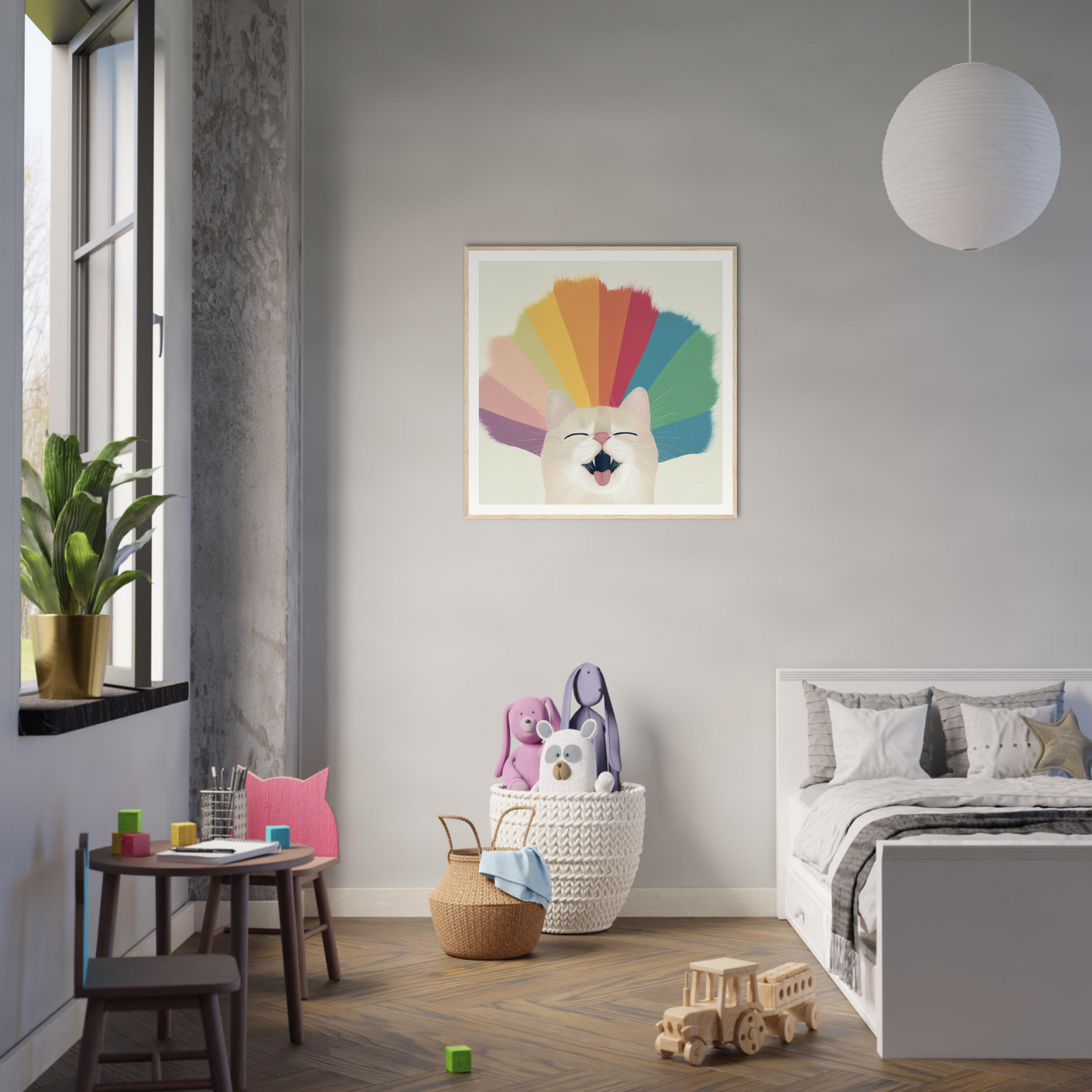 Modern bedroom with minimalist decor and colorful rainbow fan nursery wall art