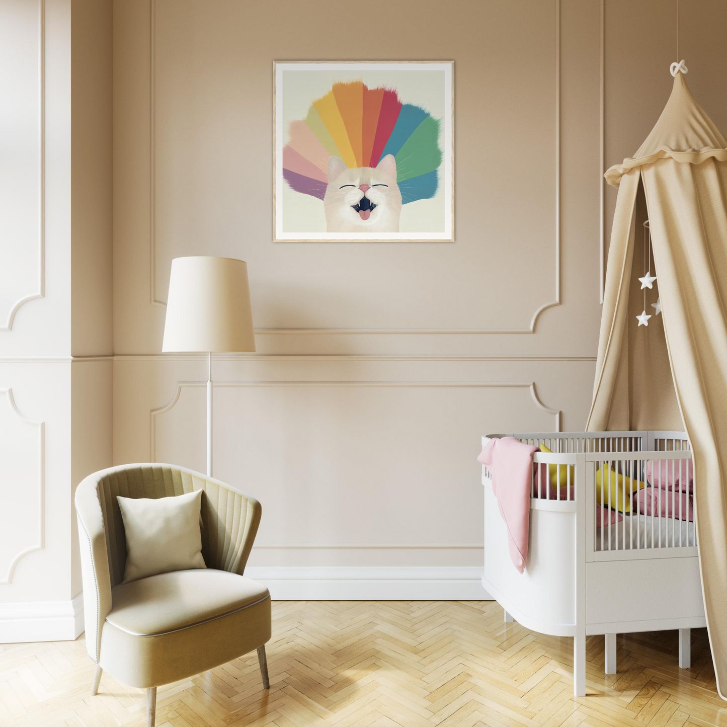 Modern nursery with white crib, canopy, and cute nursery wall art in product58