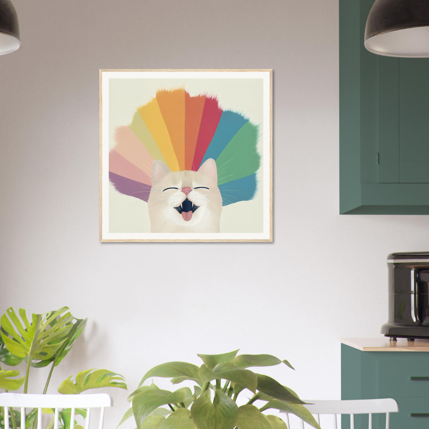 Framed poster of white cat with rainbow fan, perfect for nursery wall art décor