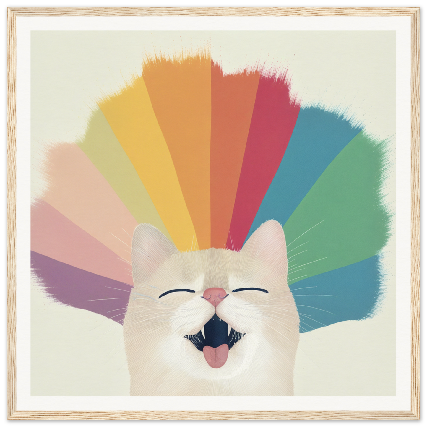 Happy white cat with rainbow mane, perfect for nursery wall art or decor