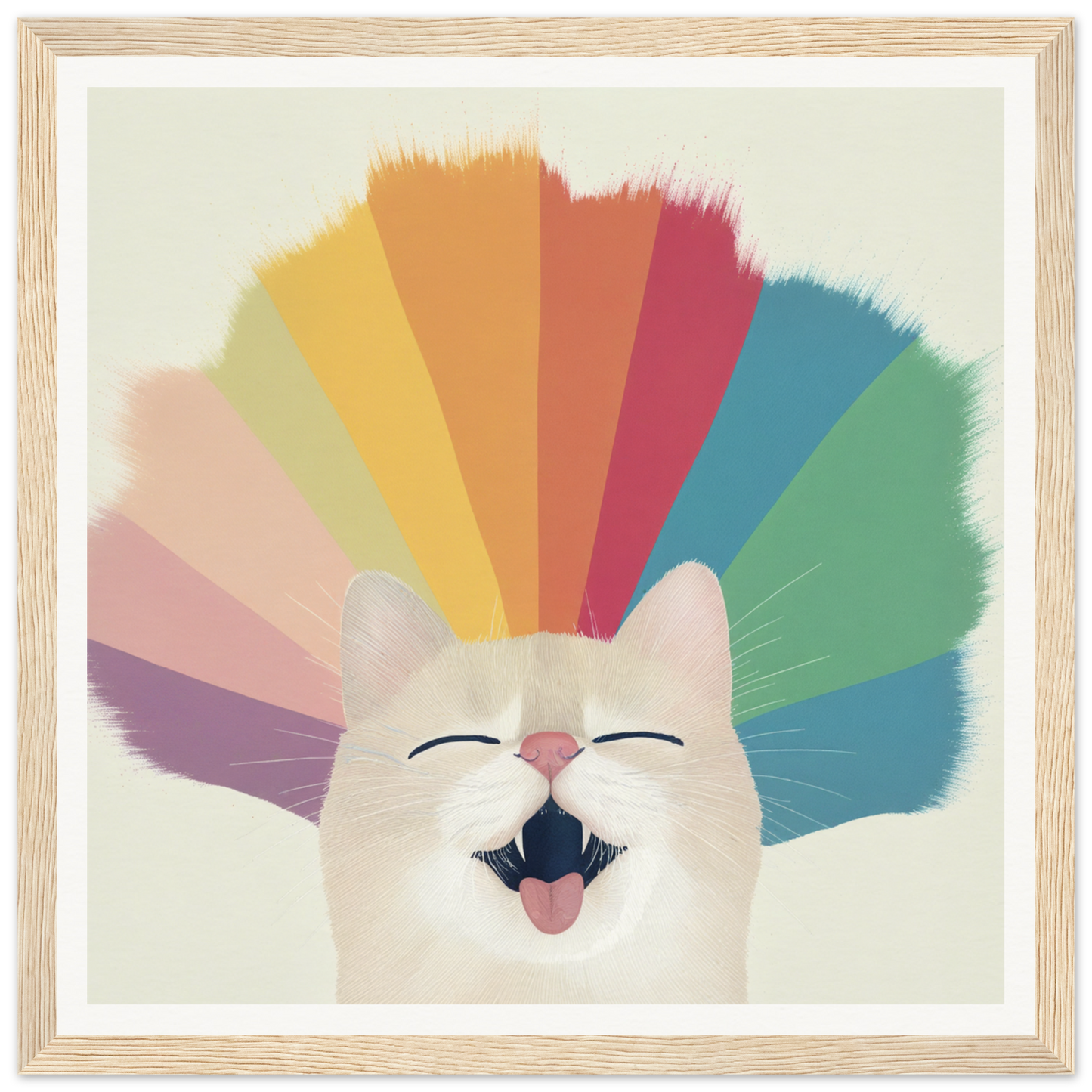 Happy white cat with rainbow colors for cute nursery wall art or framed poster decor