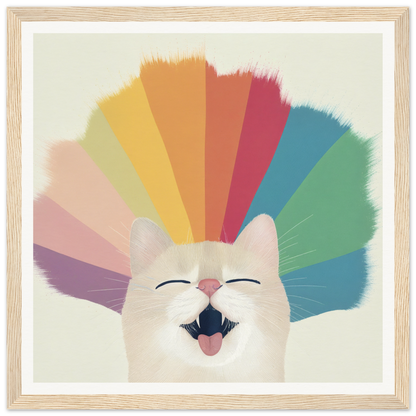 Happy white cat with rainbow colors for cute nursery wall art or framed poster decor