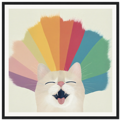 Happy white cat with rainbow fan, perfect for nursery wall art or nursery decor