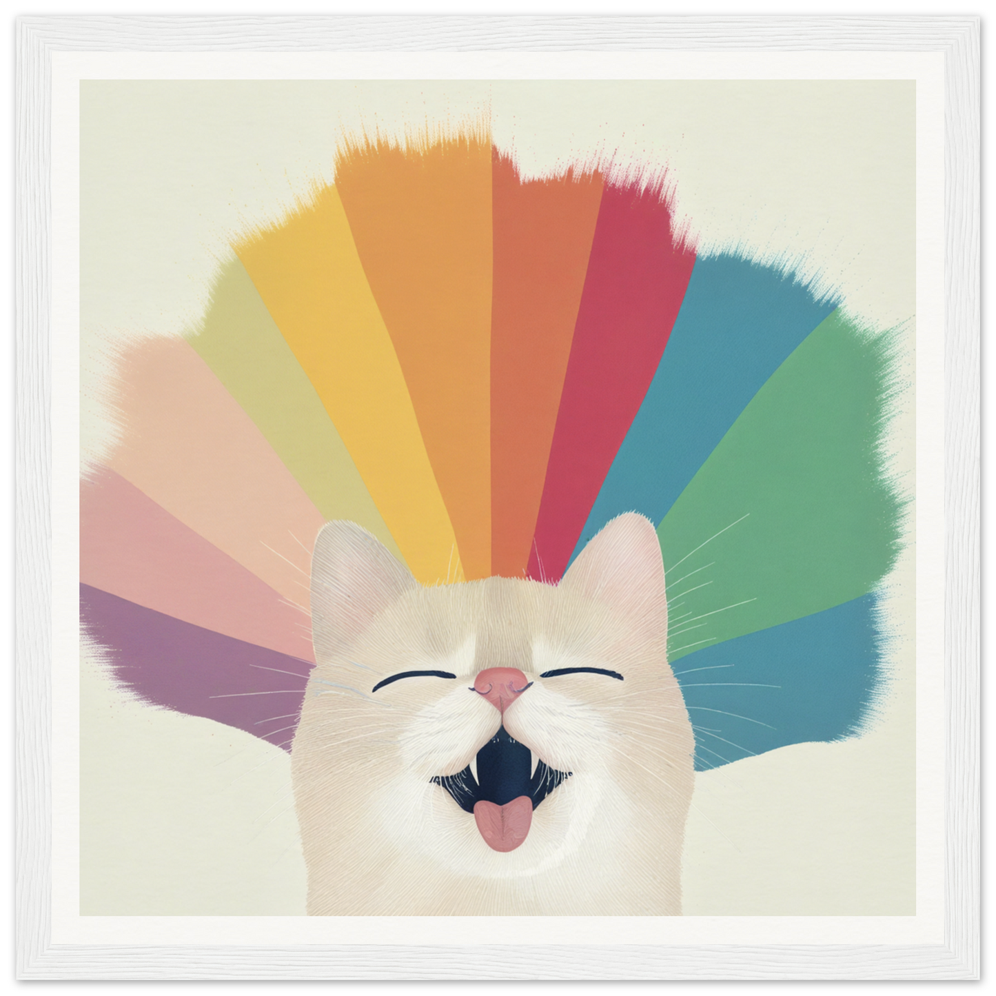 Happy white cat with rainbow fan pattern, perfect for nursery wall art or decor