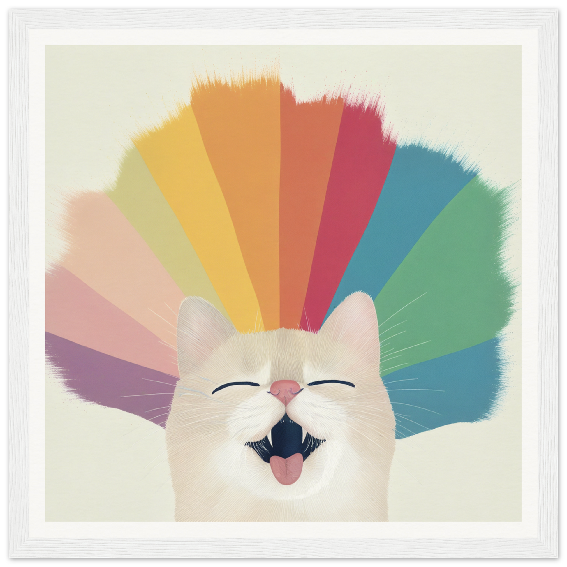 Happy white cat with rainbow fan pattern, perfect for nursery wall art or decor