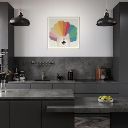 Modern dark gray kitchen with industrial lights and colorful nursery wall art