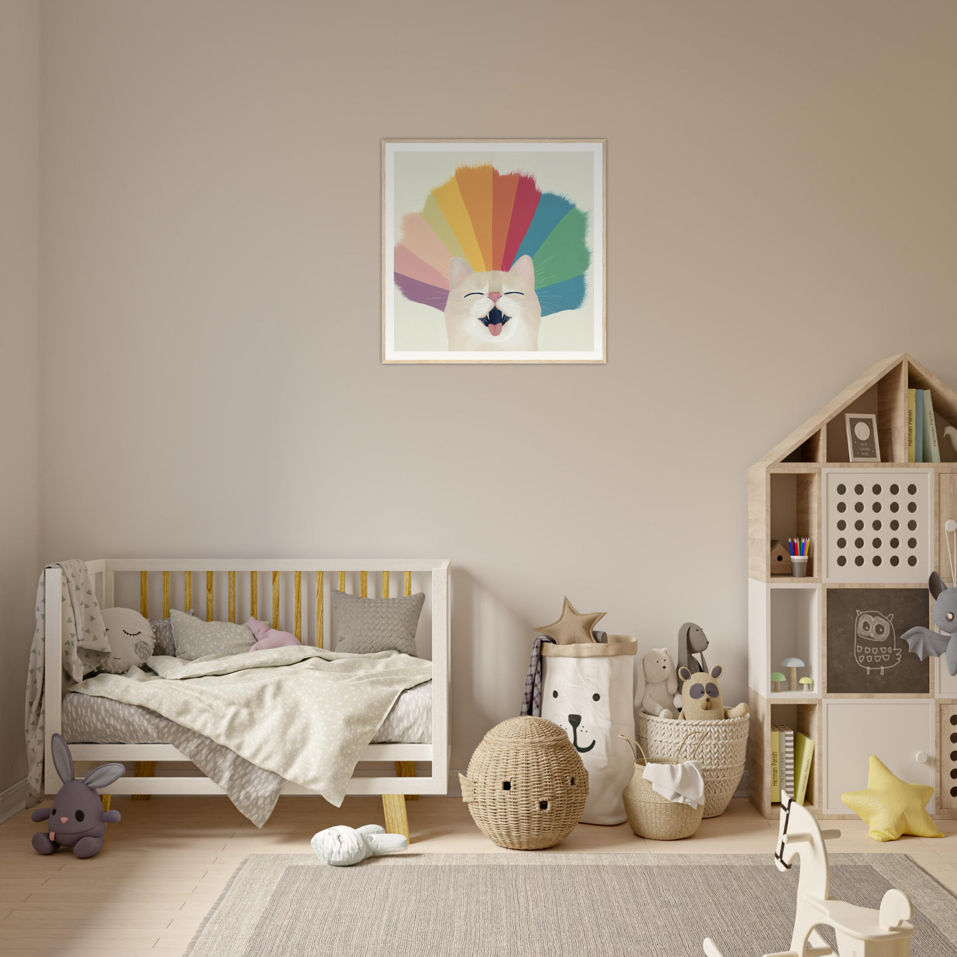 Wooden crib with gray bedding and yellow accents perfect for nursery decor or wall art