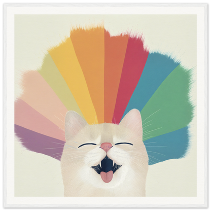 Happy white cat with rainbow fan background, perfect for nursery wall art or decor