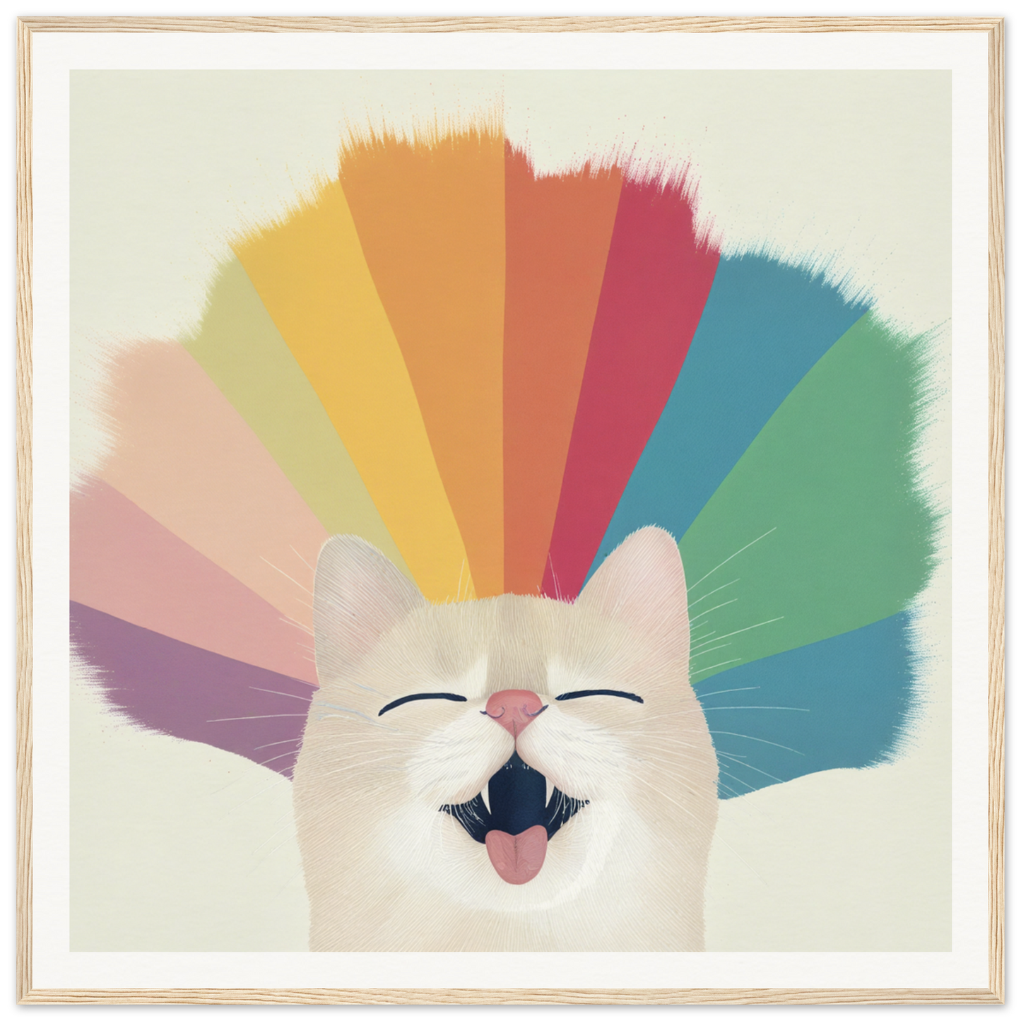 Happy white cat with colorful rainbow backdrop for cute nursery wall art