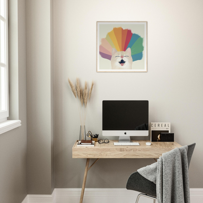 Simple wooden desk with angled legs showcasing an iMac, perfect for modern nursery decor