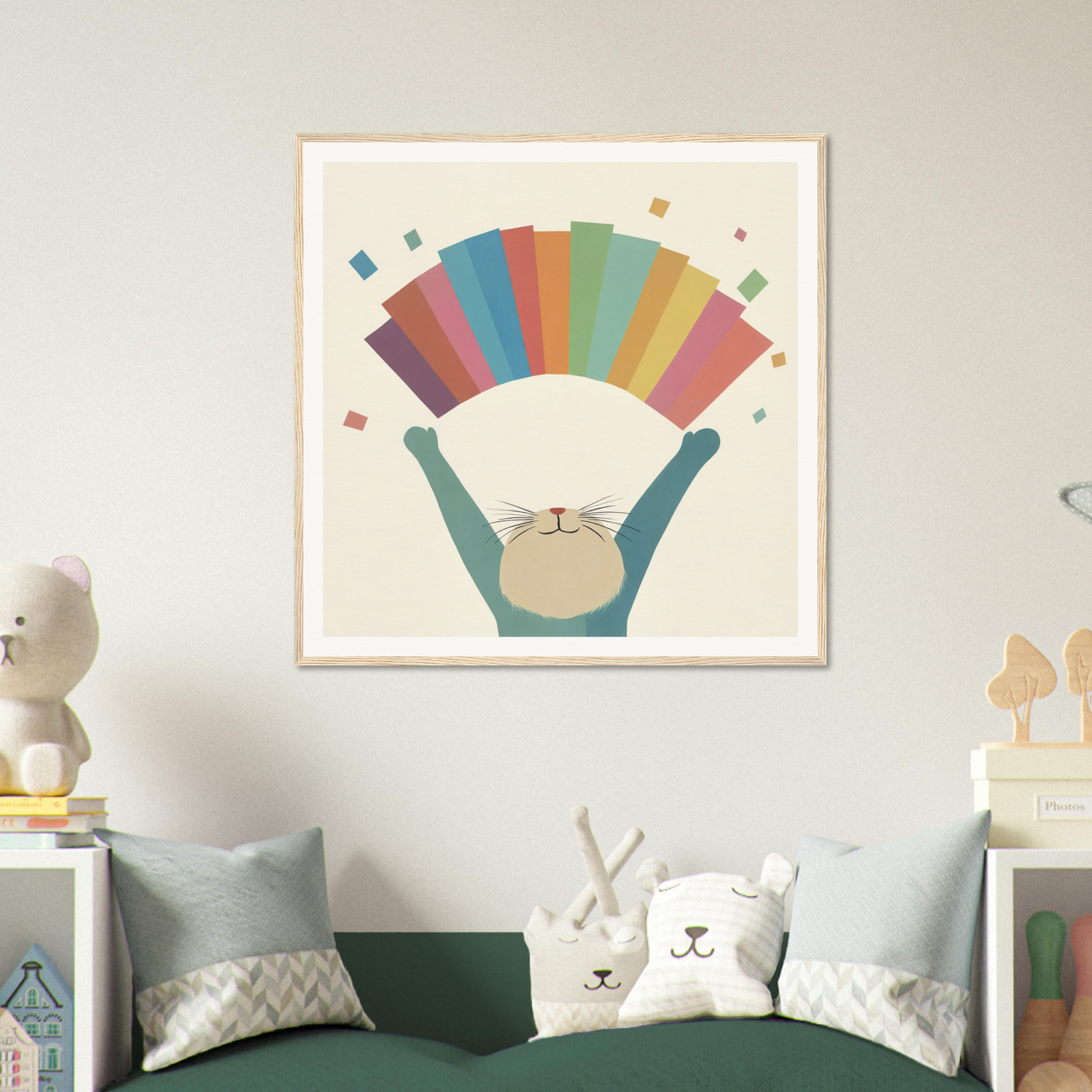 Colorful rainbow cat art perfect for nursery wall decor or a fun framed poster