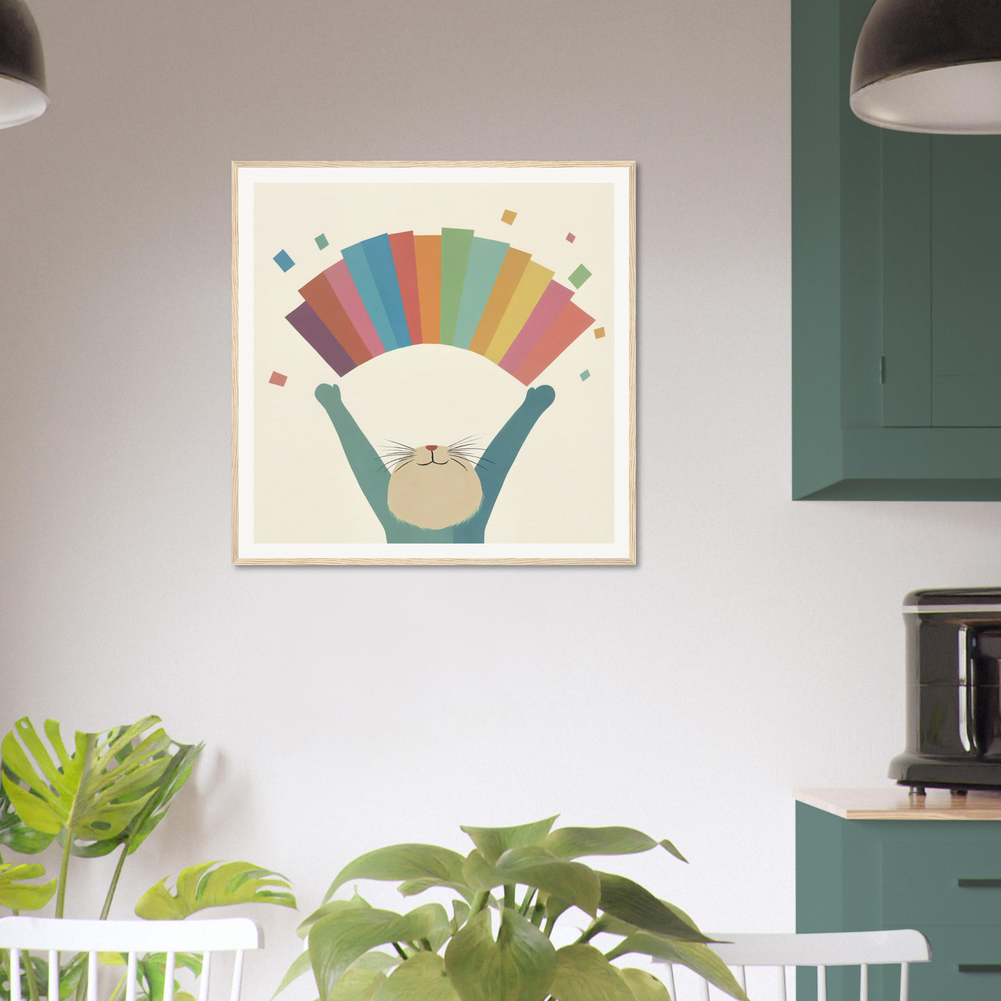 Framed poster of a cat with a rainbow fan, perfect for nursery wall art and decor