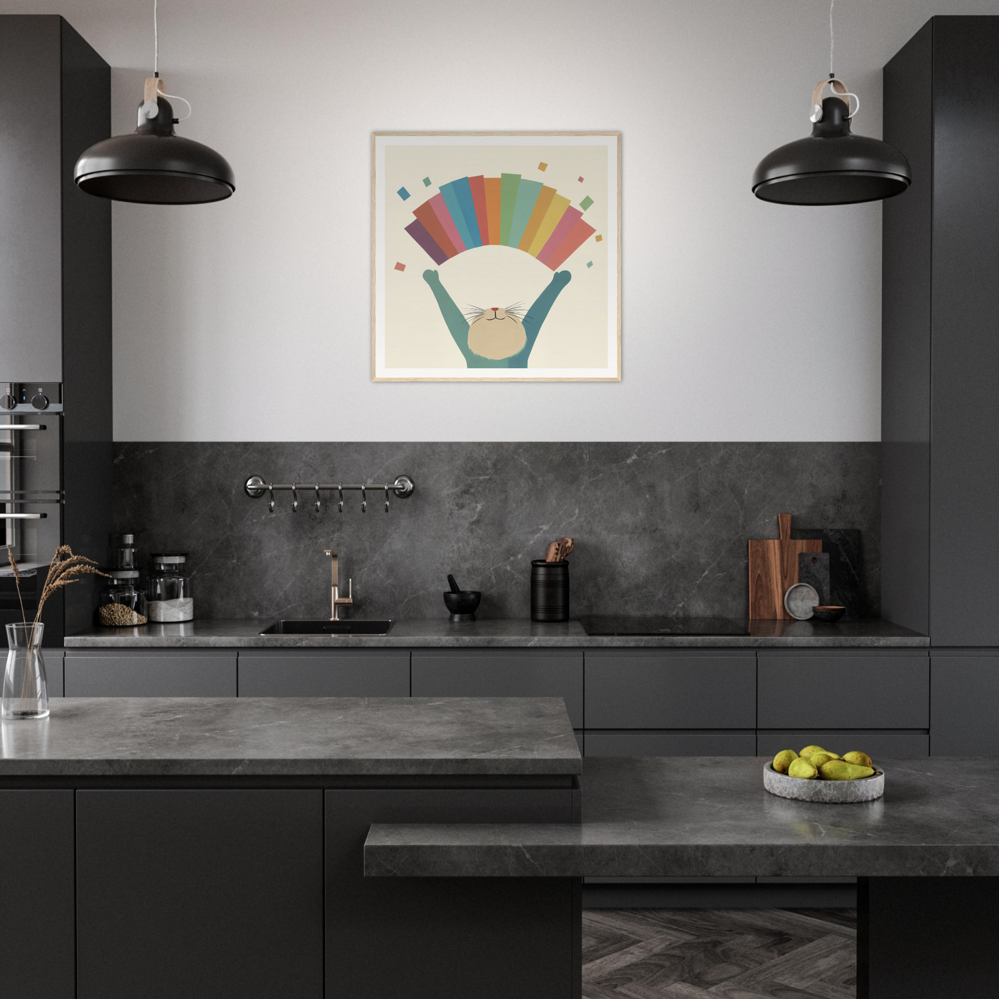 Modern dark gray kitchen with colorful geometric nursery wall art and black lights