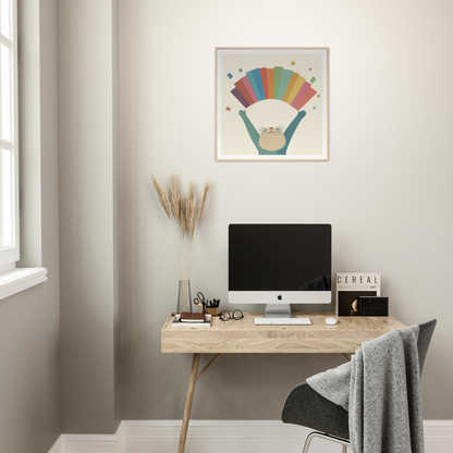 Minimalist wooden desk with iMac and stylish nursery wall art above in Product60