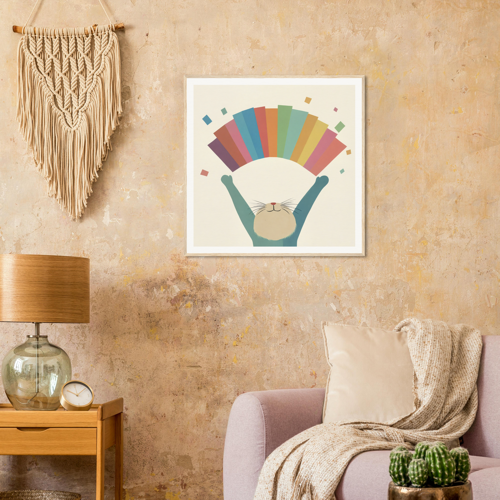 Colorful rainbow-fan artwork on teal wall, perfect for nursery decor or framed poster