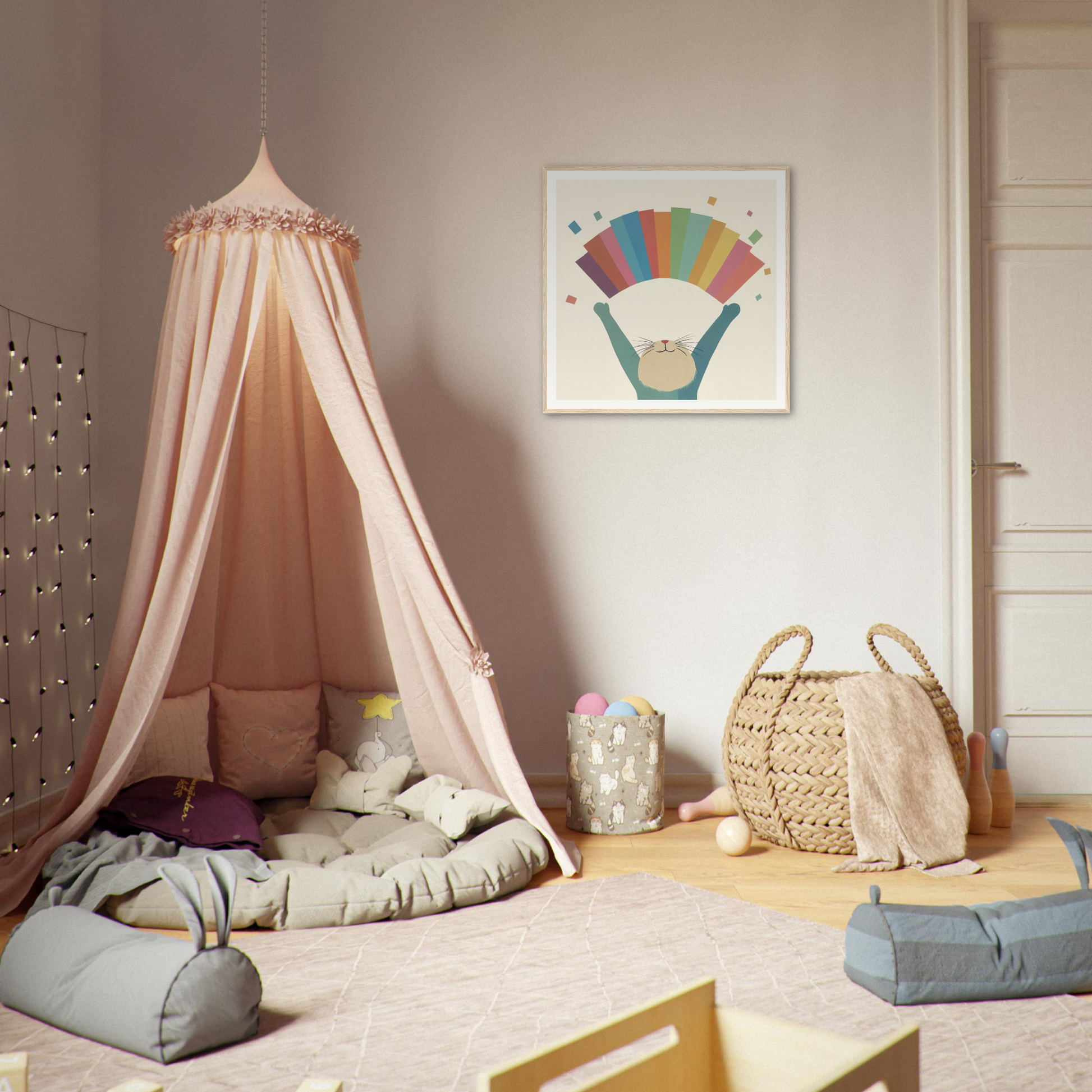 Pink canopy tent with trim, perfect for nursery decor and framed poster vibes