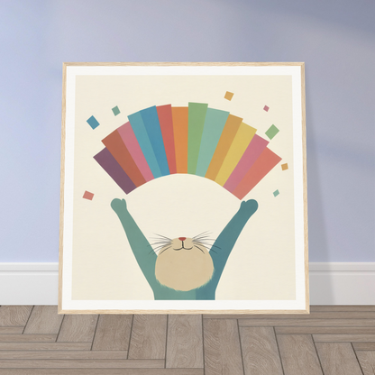 Cartoon cat with raised arms and rainbow arc, perfect for nursery wall art decor