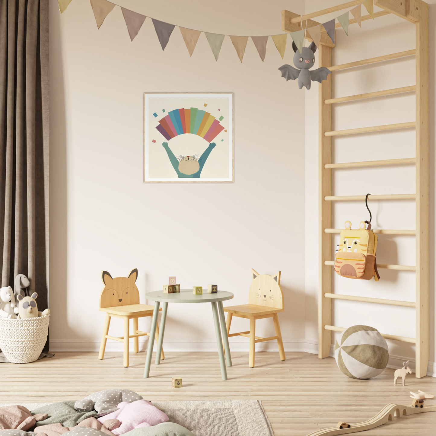 Colorful children’s play area with animal chairs, perfect for nursery decor or framed poster