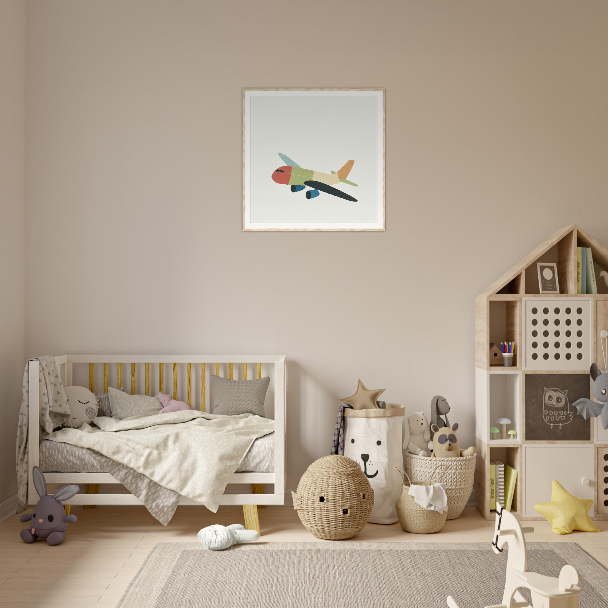 Cozy nursery decor featuring playful elements and framed poster in neutral colors