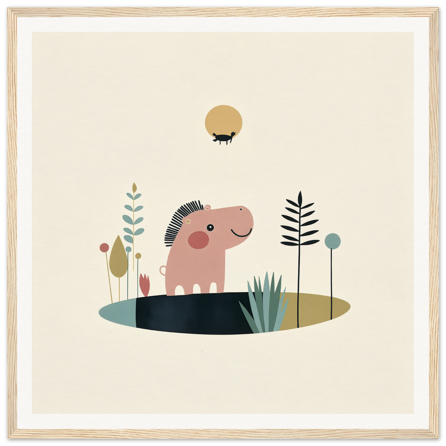 Pink cartoon hippo with mohawk, perfect for nursery wall art and decor in Product79