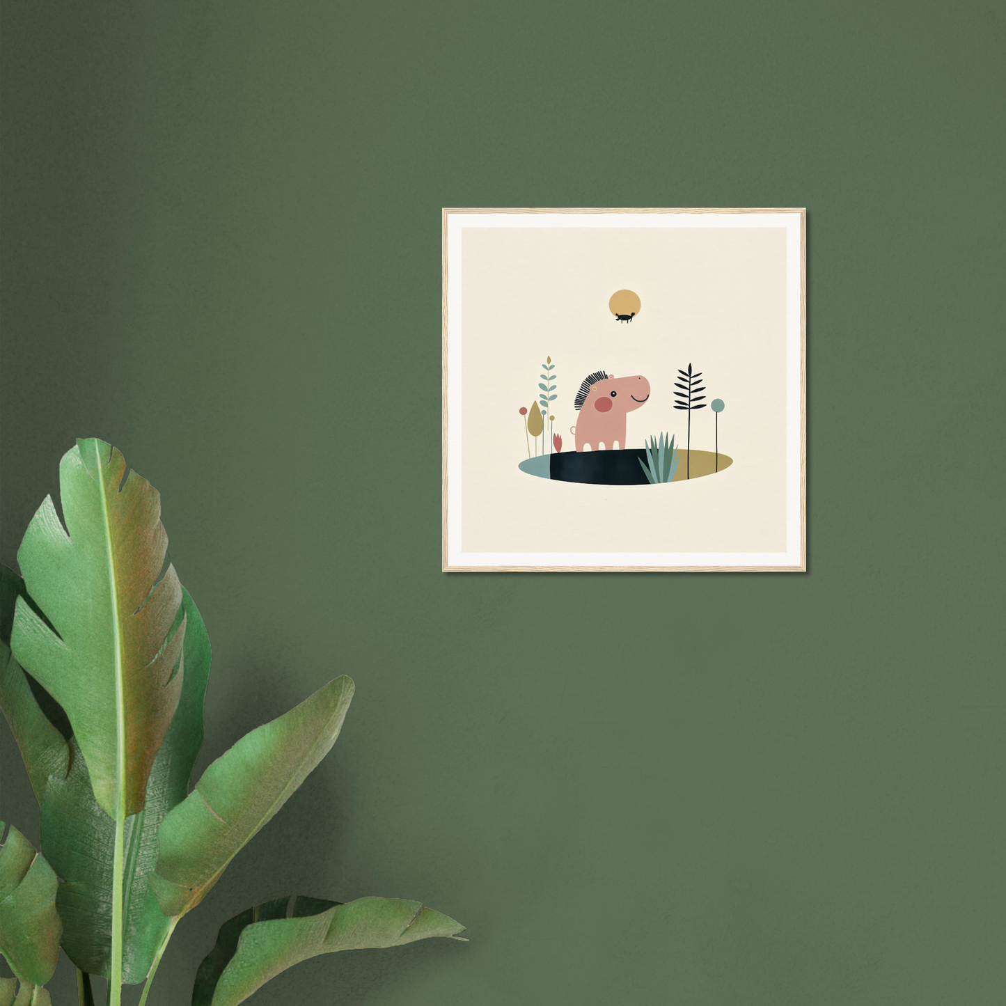 Framed poster of a pink elephant in minimalist plants, perfect nursery wall art