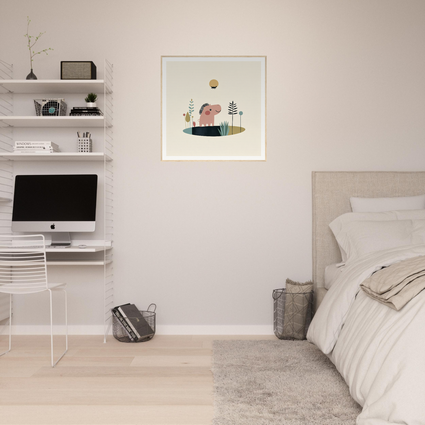 Minimalist bedroom workspace with iMac, perfect for inspiring nursery wall art ideas