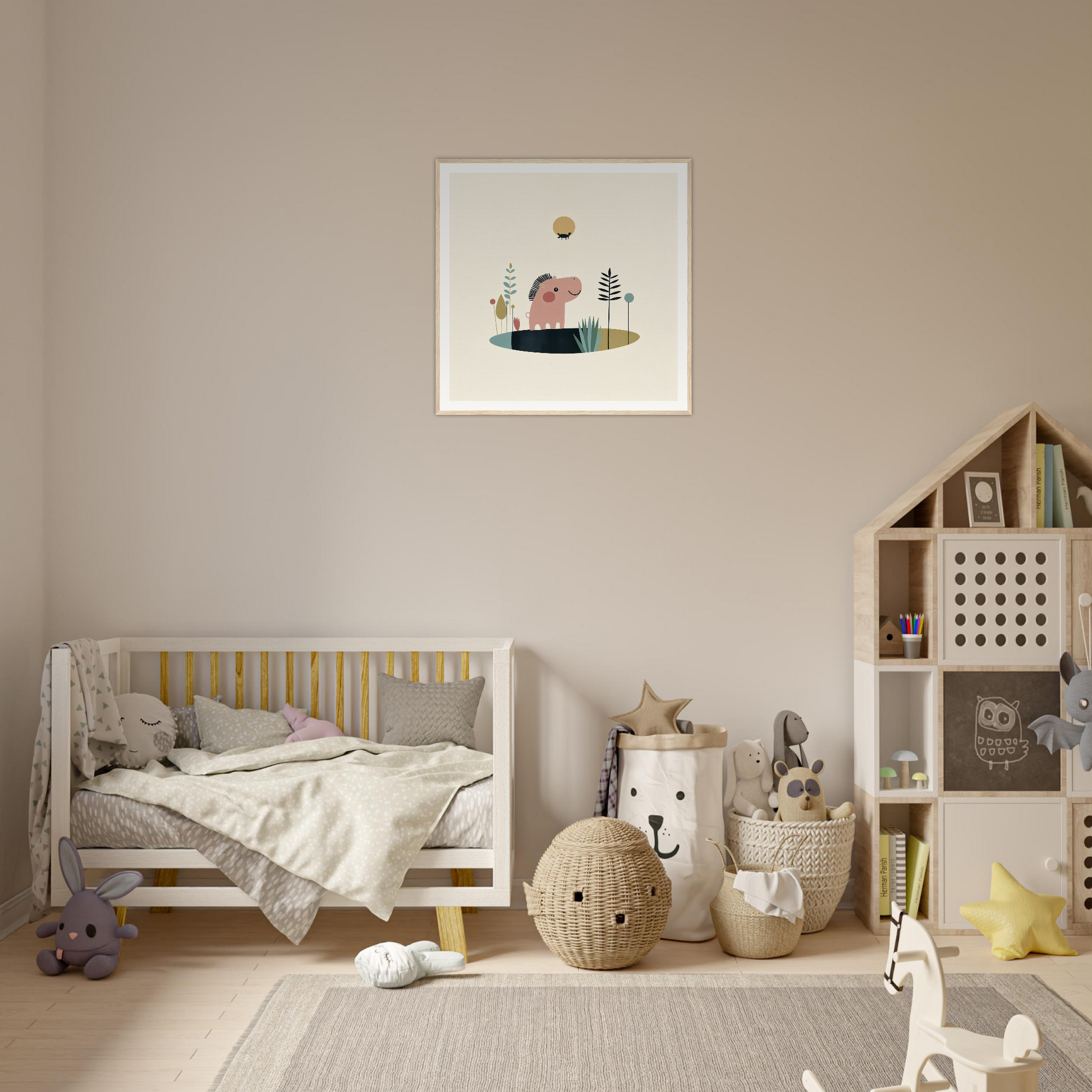 Stylish wooden crib with gray bedding and yellow accents, perfect for nursery decor