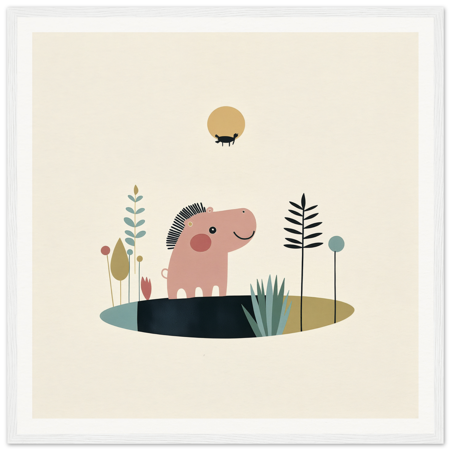 Pink cartoon hippo with spiky mohawk in fun nursery wall art for playful decor