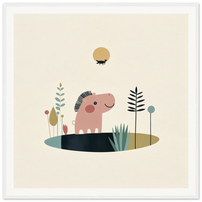 Cute pink cartoon hippo with a mohawk for fun nursery wall art in product79